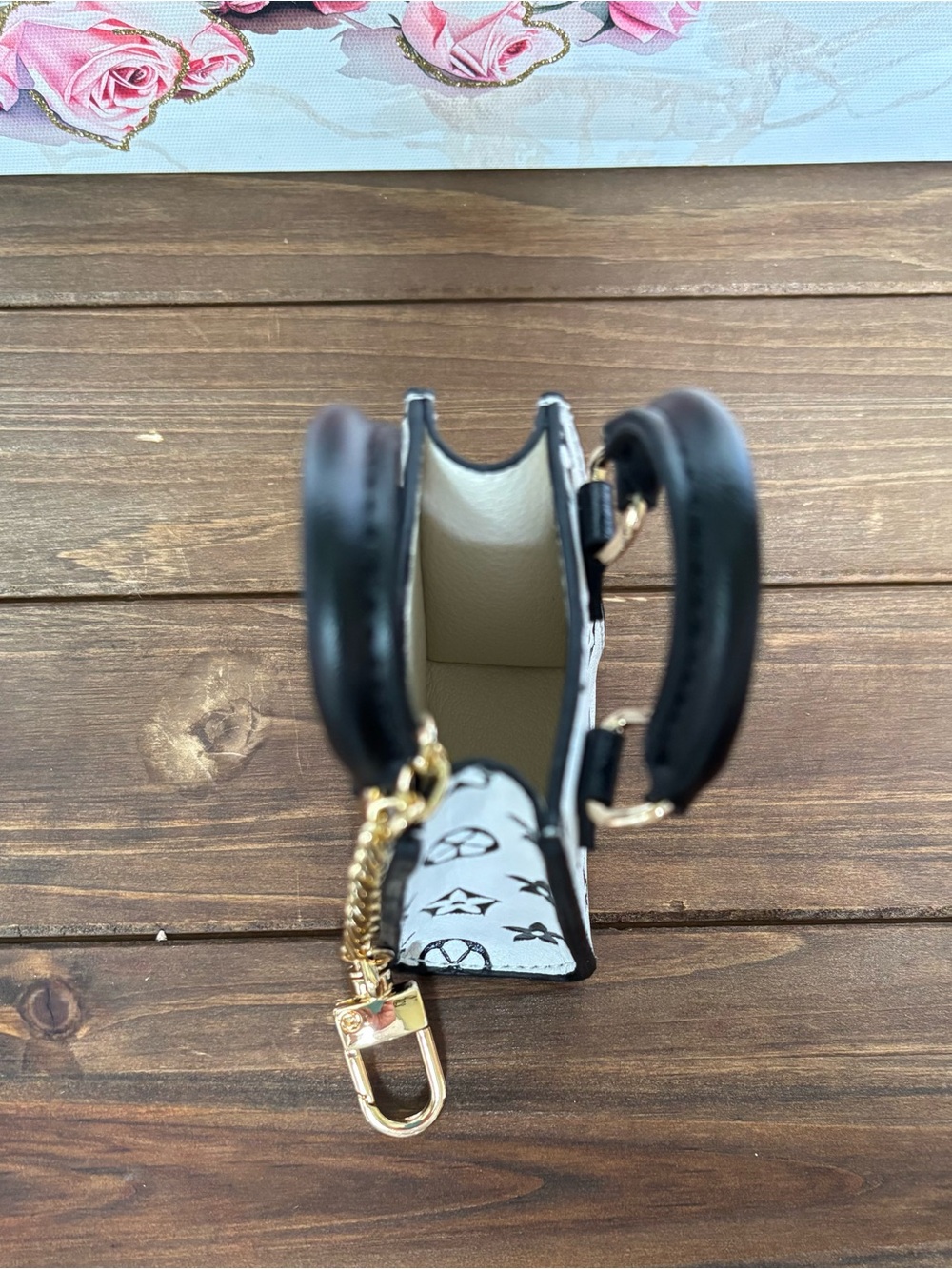 White Mini Tote with Black Motif and Multicolor Scarf Accent Keychain. - Picture 3 of 3